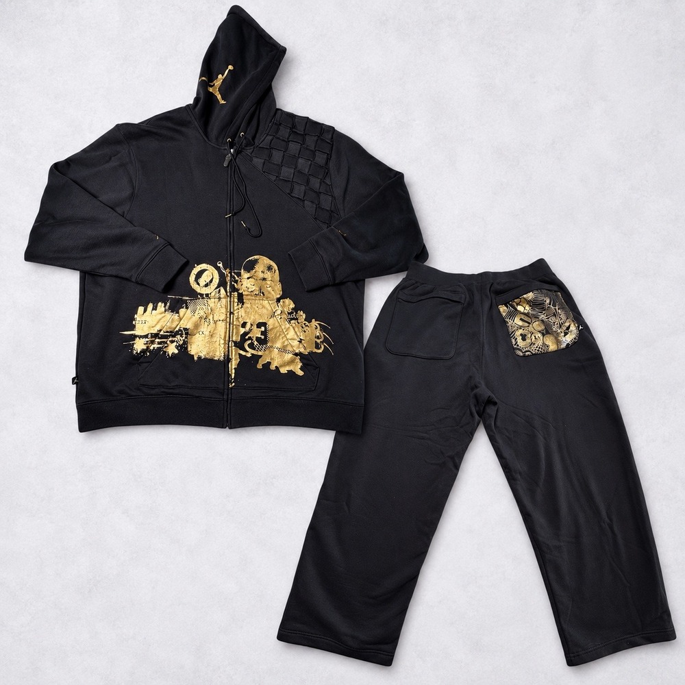 Rare 2007 Jordan Flight Sweatsuit Mens 3XL Black Gold Hoodie Pants Retro Set Y2K